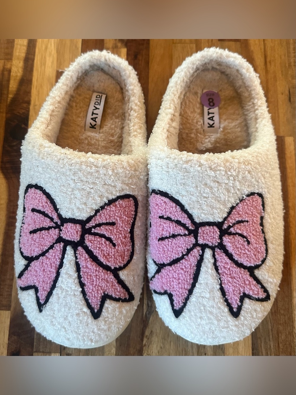 KatyPia Kids Cream & Pink Bow Slip-On Slippers